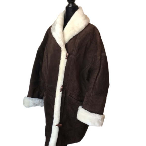 80s style suede leather jacket coat with faux shearling lining. Chocolate brown - Picture 1 of 11